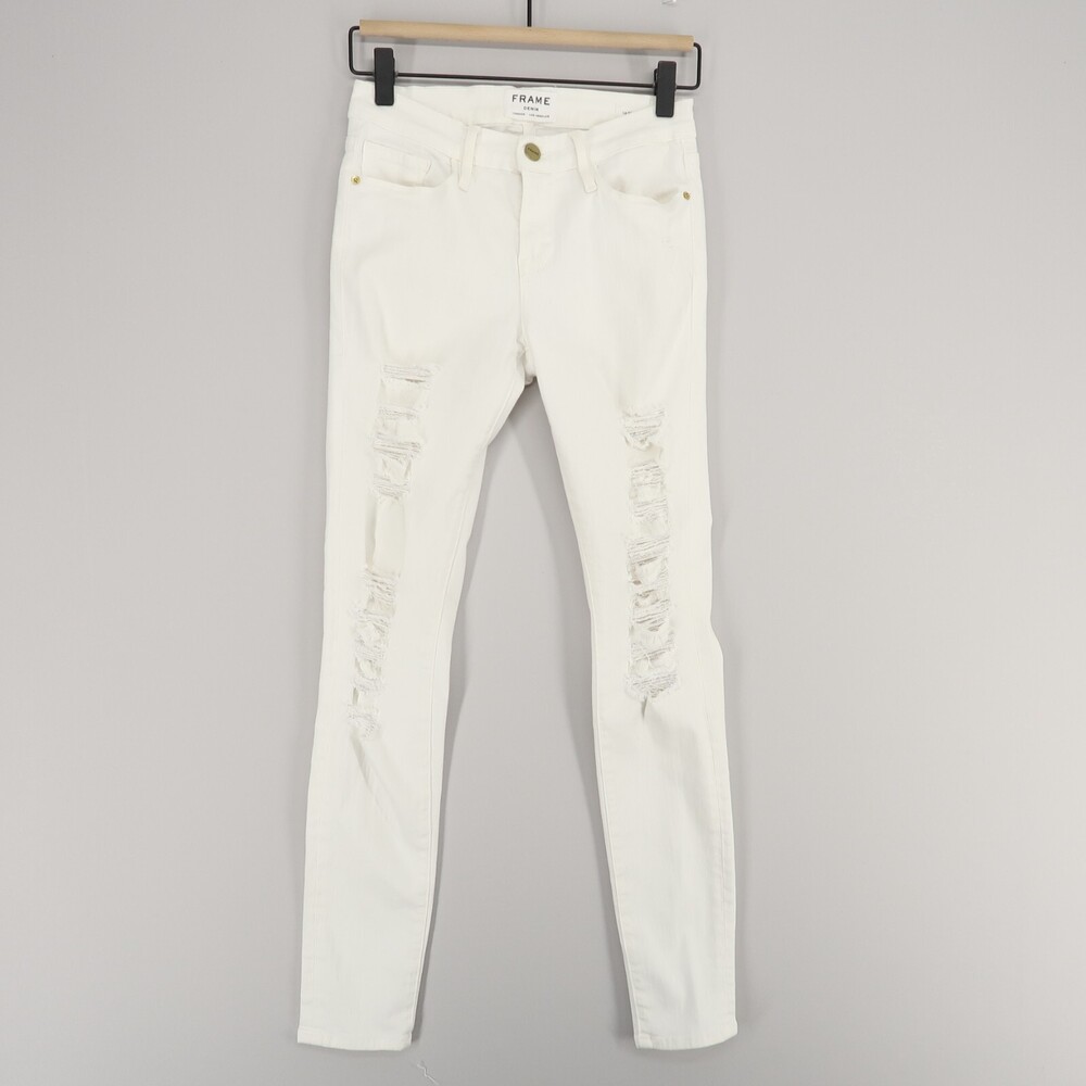 Frame Le Skinny De Jeanne Jeans Womens 26 White Blanc Distressed Skinny Mid